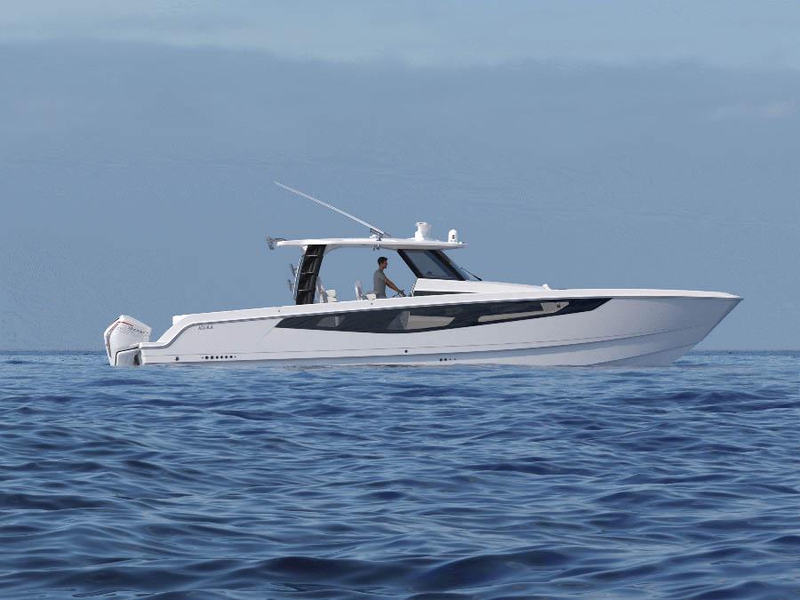 A sleek white boat navigates calm blue waters, with a person steering from the helm under a clear sky.